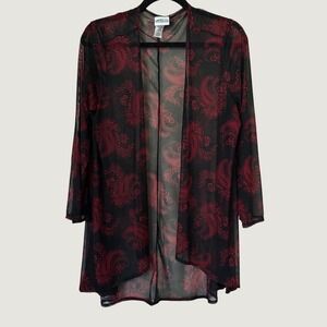 Collections Etc Womens Red Paisley Black Sheer Mesh Open Front Cardigan M Grunge